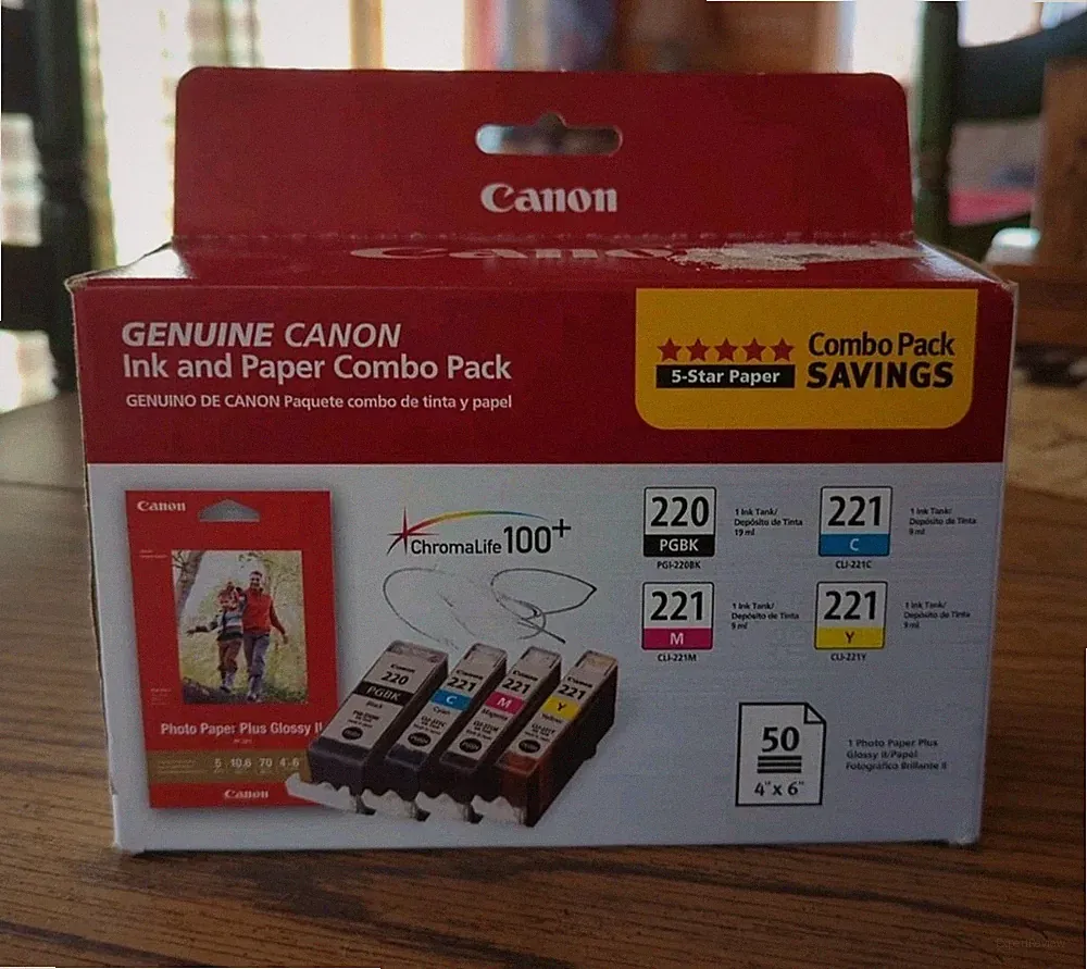 New Genuine Canon 220 Black & 221 Tri-color Ink and Photo Paper Combo Pack